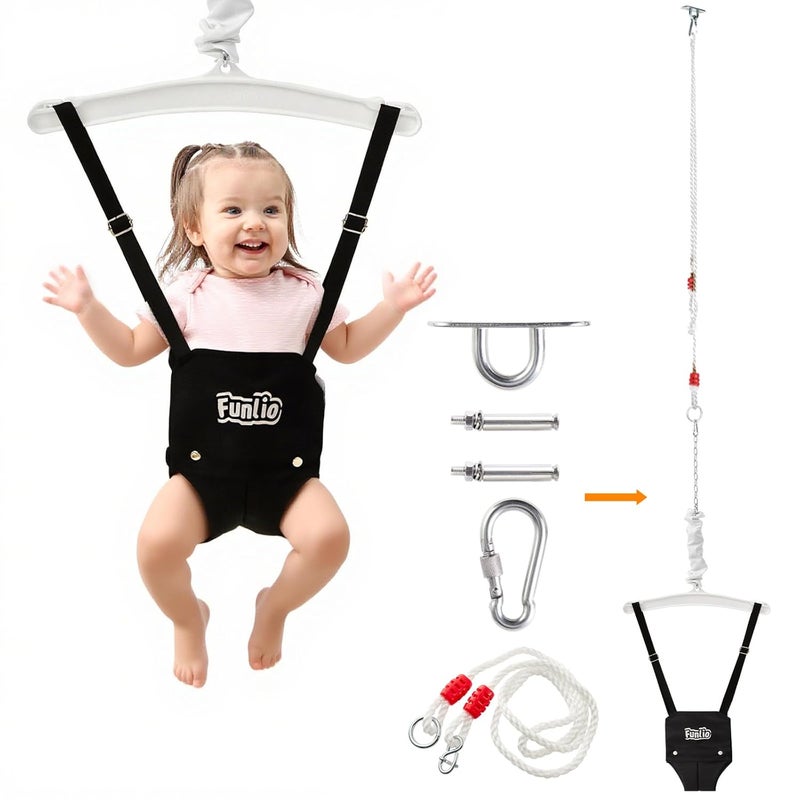 FUNLIO Baby Jumper with a Ceiling Hook for 6-24 Months, Infant Jumper Doorway with Adjustable Chain, Baby Door Jumper for Indoor/Outdoor Play, Easy to Assemble & Store (with a Ceiling Hook) - Black - Image 1